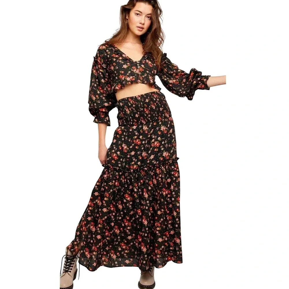 Free People Secret Garden Set Boho Black Floral Tiered Maxi Skirt Set Black S/M